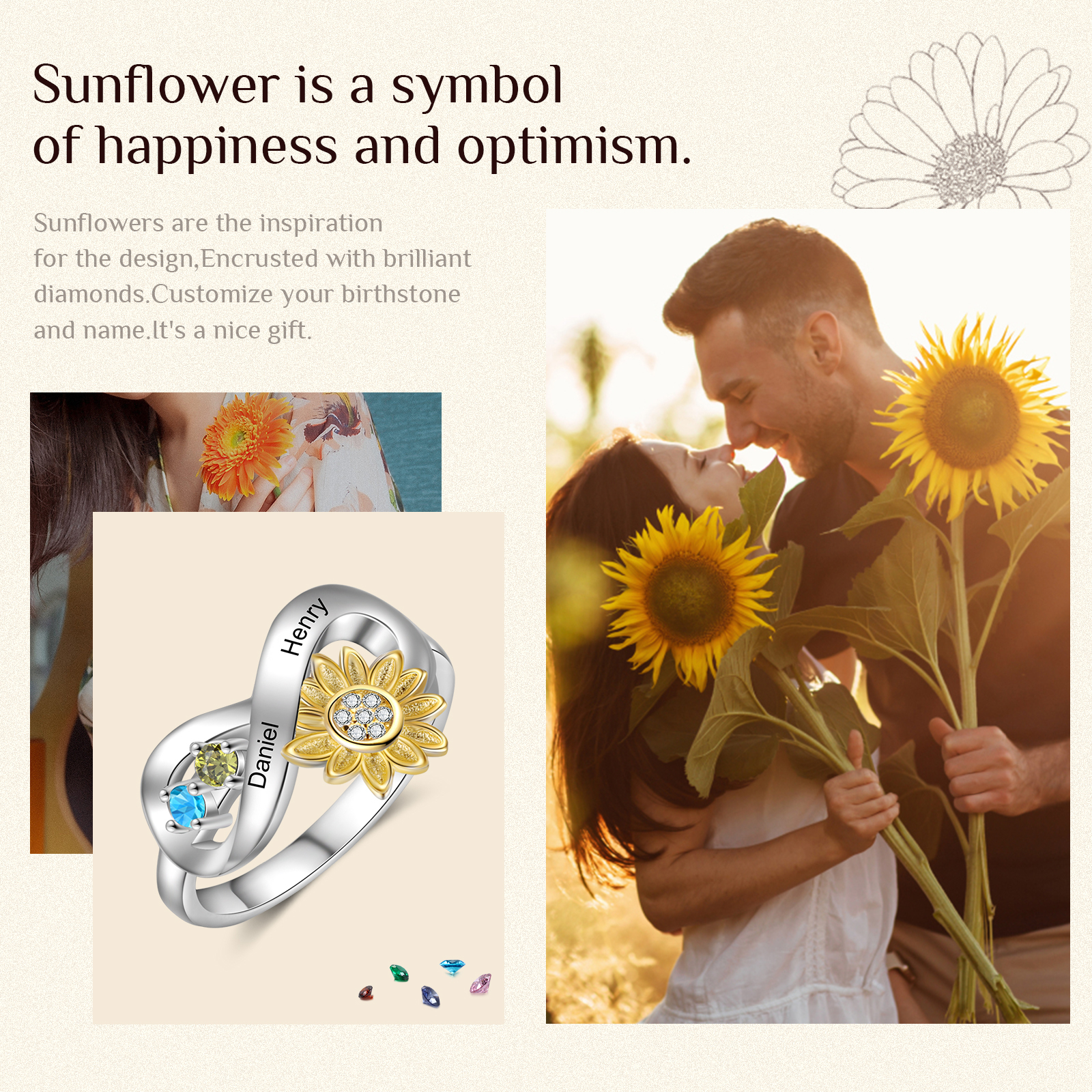 Personalised 2 Birthstones Sunflower Ring Engraved Names Infinity Ring Gifts For Her-Jessemade AU
