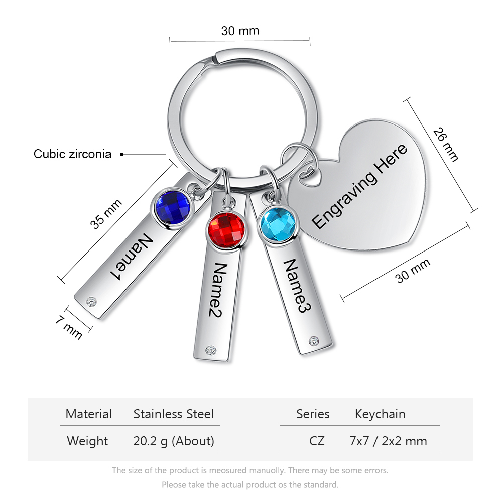 Personalised Birthstone Keychain Engraved 3 Names Keychain Gifts For Her-Jessemade AU