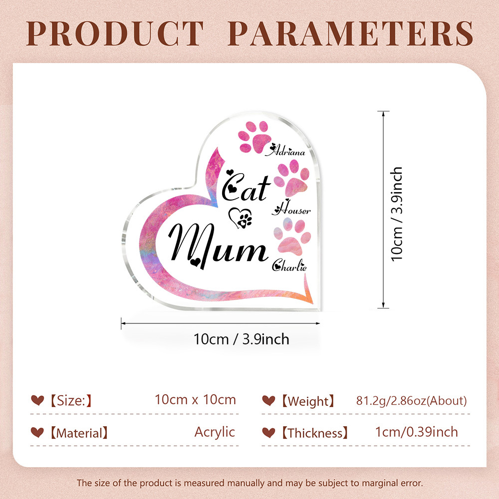 Personalised Acrylic Heart Keepsake Custom 3 Names Cat Footprints Ornaments Gifts for Mum-Jessemade AU