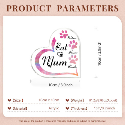 Personalised Acrylic Heart Keepsake Custom 3 Names Cat Footprints Ornaments Gifts for Mum-Jessemade AU