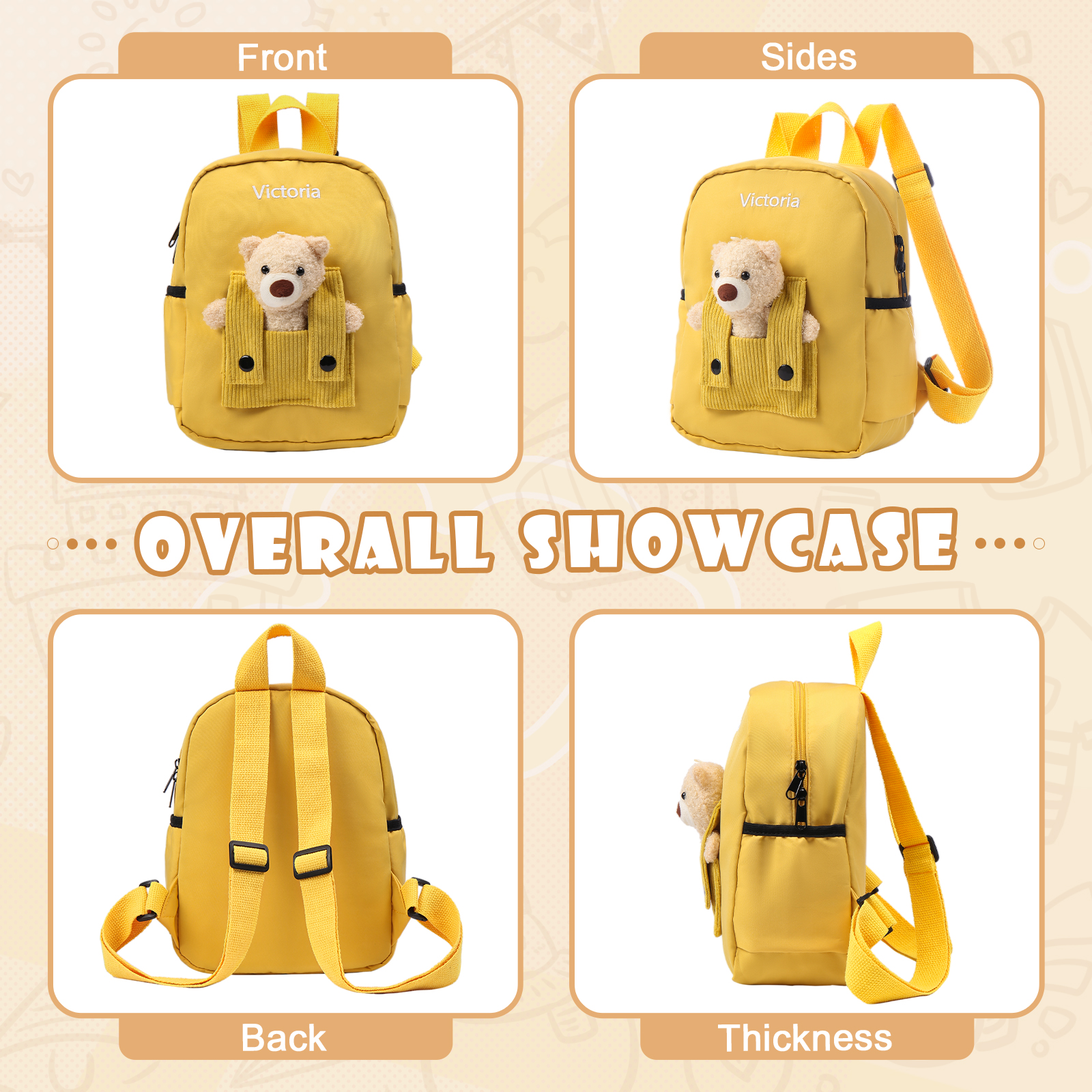 Personalised Bear School Bag Custom Name Canvas Backpack Back To School Gift for Kids-Jessemade AU