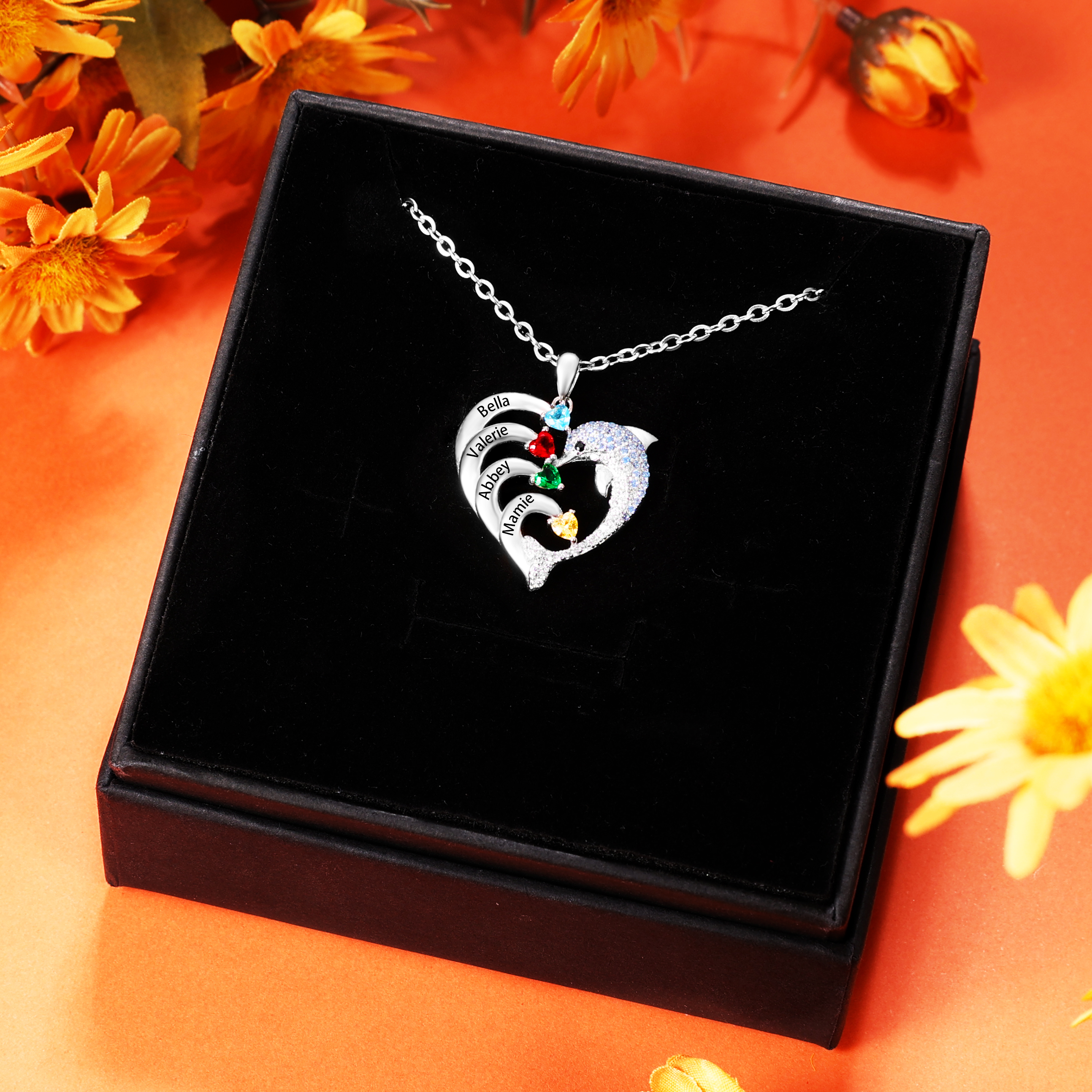 Personalised Heart Dolphin Necklace With 4 Birthstones Engraved Names Gift For Her-Jessemade AU