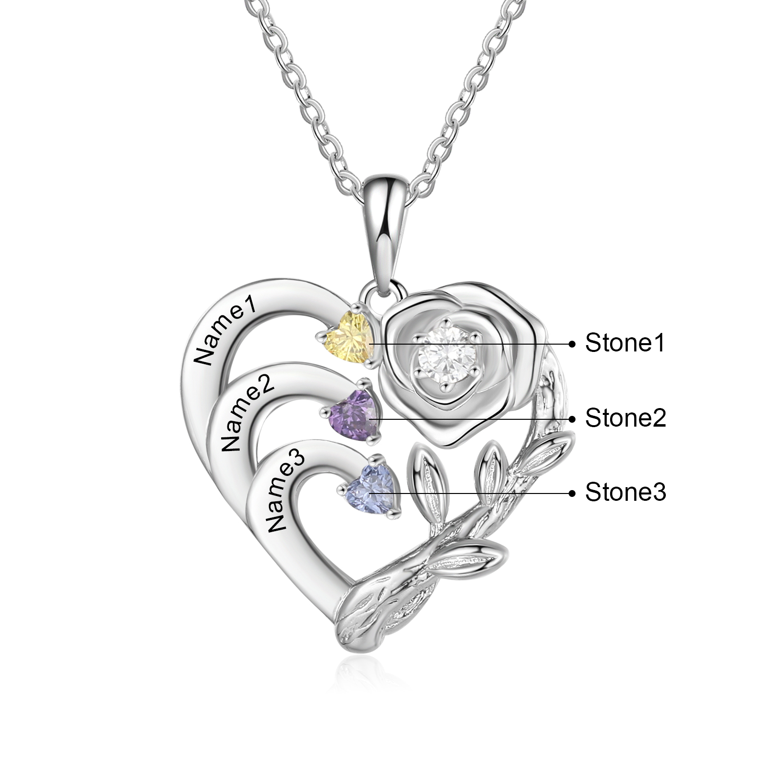 Personalised Rose Necklace with Birthstones Engraved 3 Names Intertwined Heart Pendant Necklace Gifts for Mother-Jessemade AU