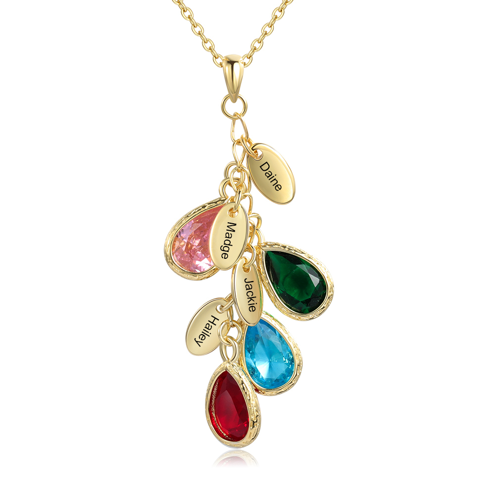 Personalised Leaf Necklace With 4 Heart Birthstones Engraved Names Gift For Her-Jessemade AU