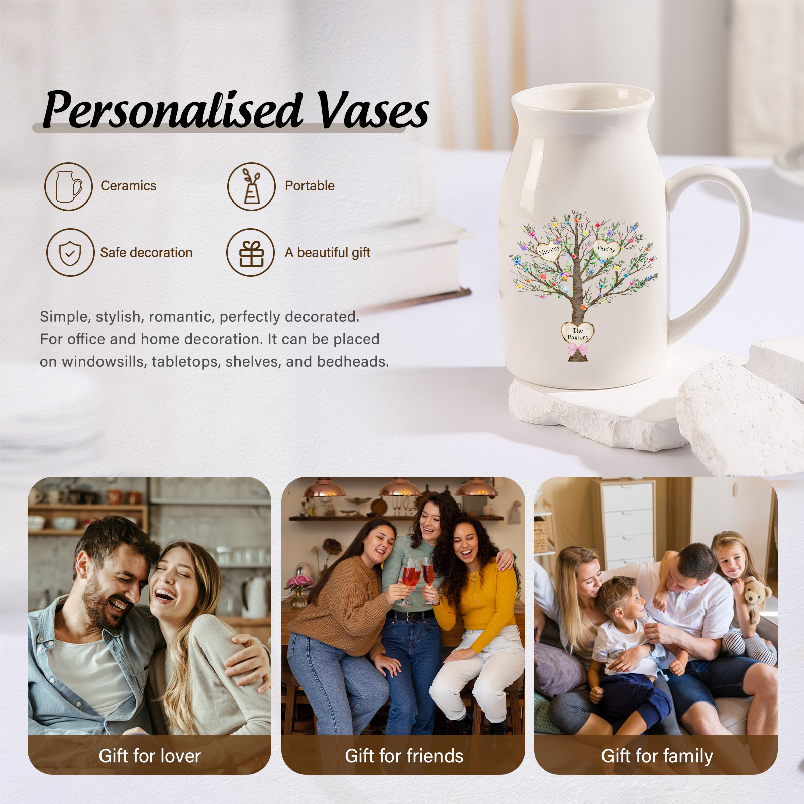 Personalised Ceramic Flower Vase Custom 2–8 Names & 1 Text Family Tree Vase Gift for Mother/Grandma-Jessemade AU