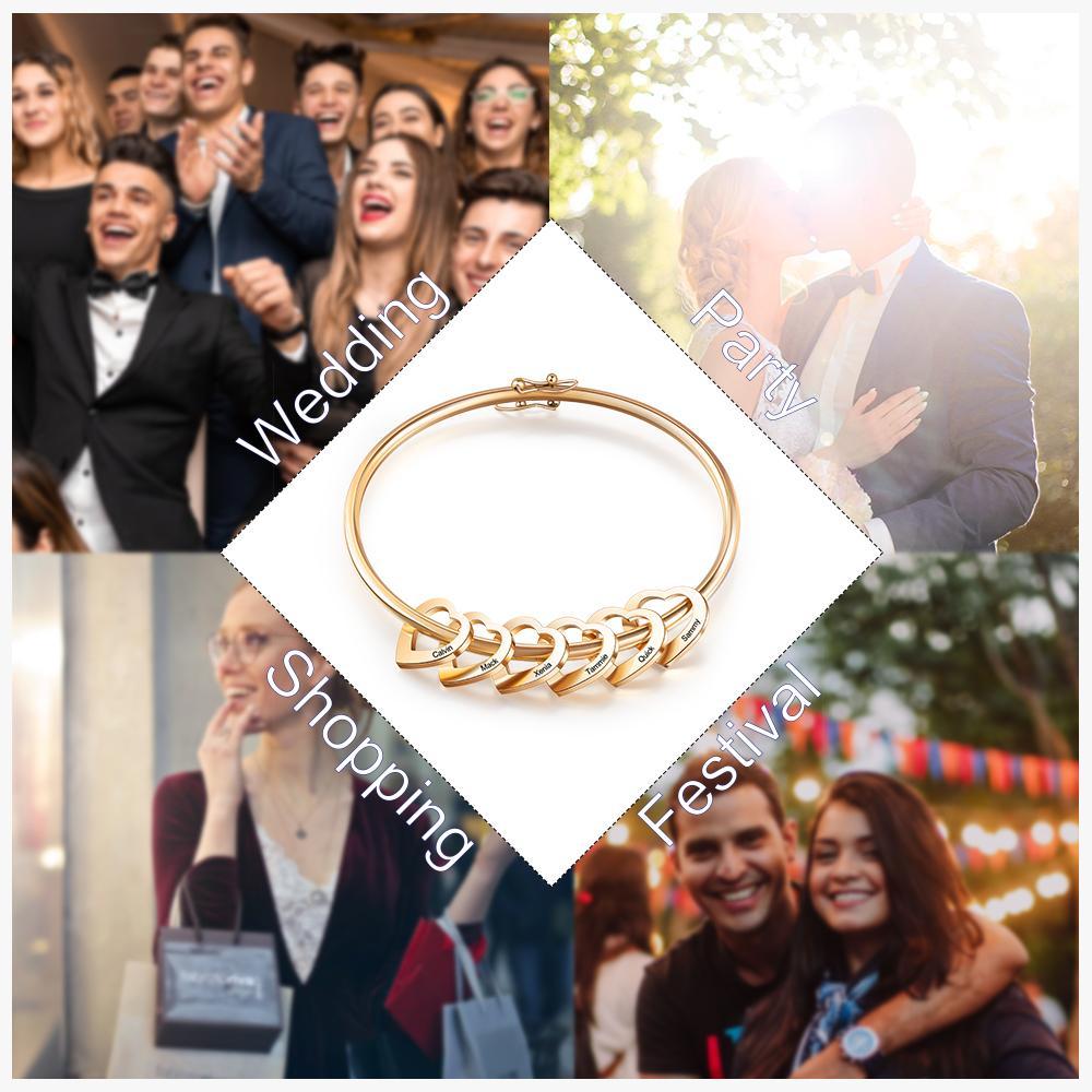 Bangle Bracelet Personalised with 6 Heart Shape Pendant Engraved 6 Names-Jessemade AU