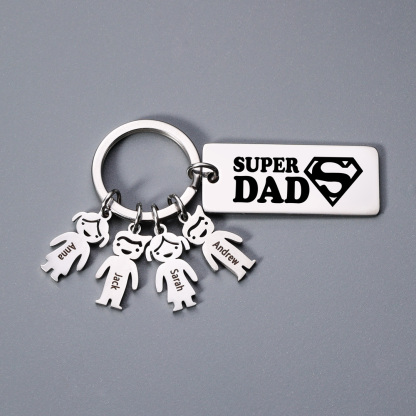 Father's Day Gift Personalised Super Dad Keychain Engraved 4 Kid Charms-Jessemade AU