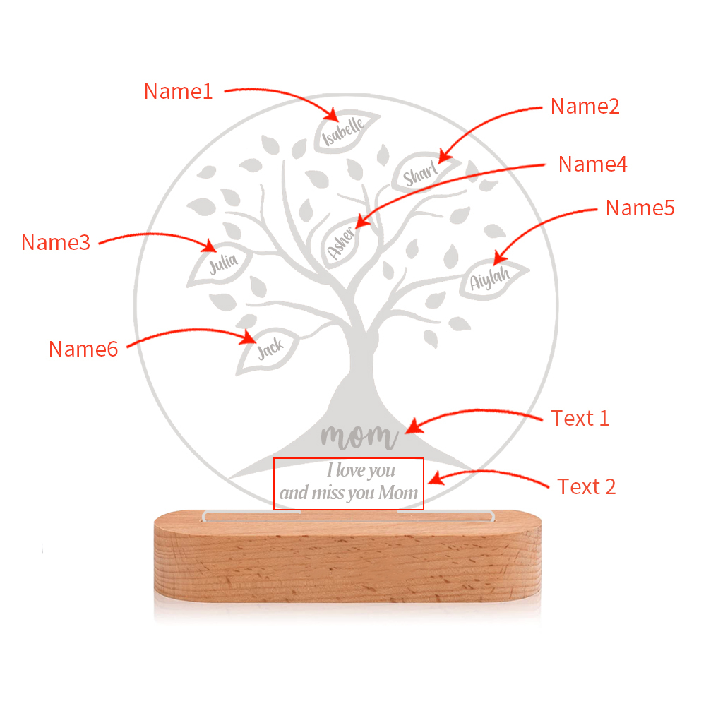 Personalised Family Tree Night Light Engraved 6 Names Wooden LED Lamp-Jessemade AU