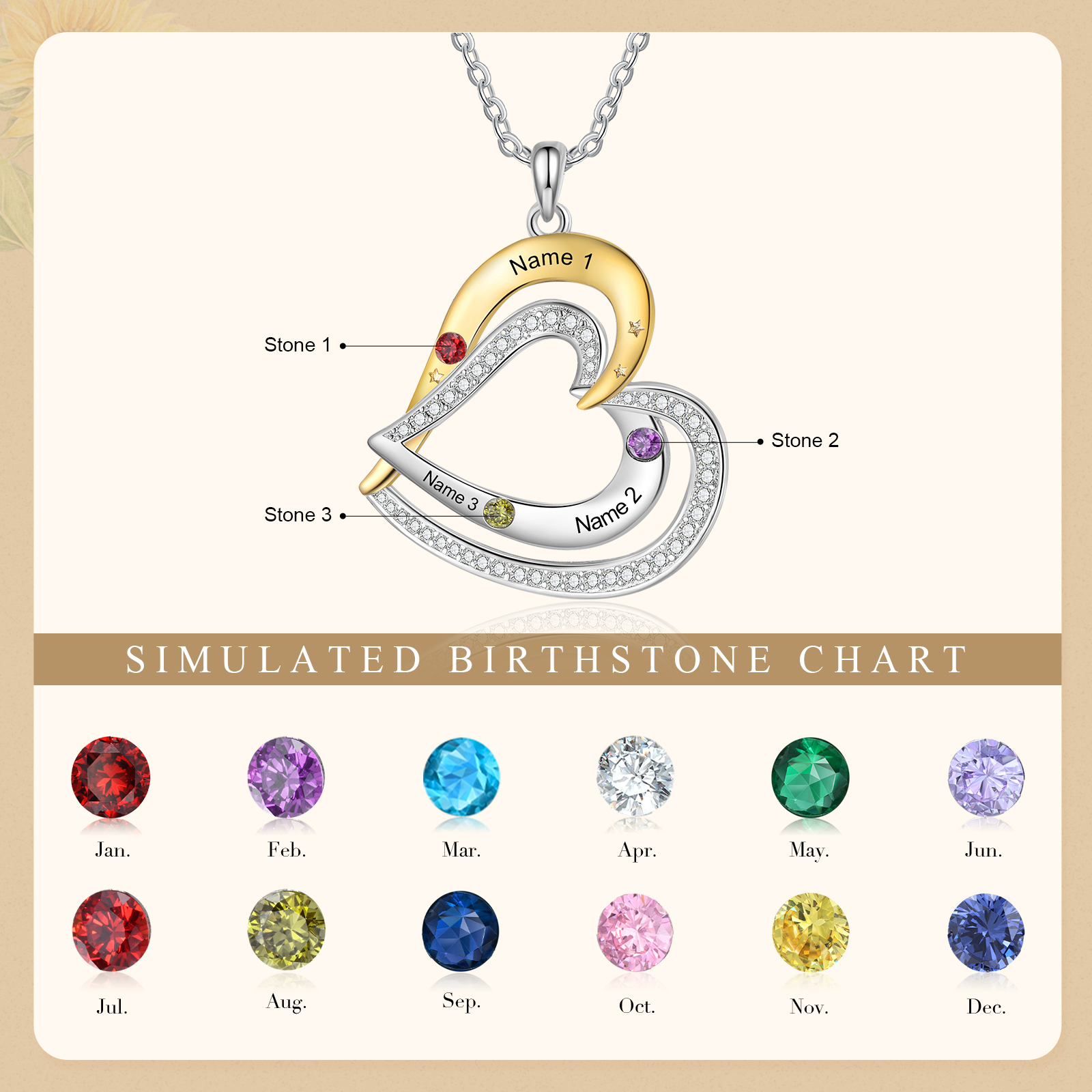 Personalised 3 Birthstones & 3 Names Necklace Custom Heart Pendant Necklace Gifts for Her-Jessemade AU