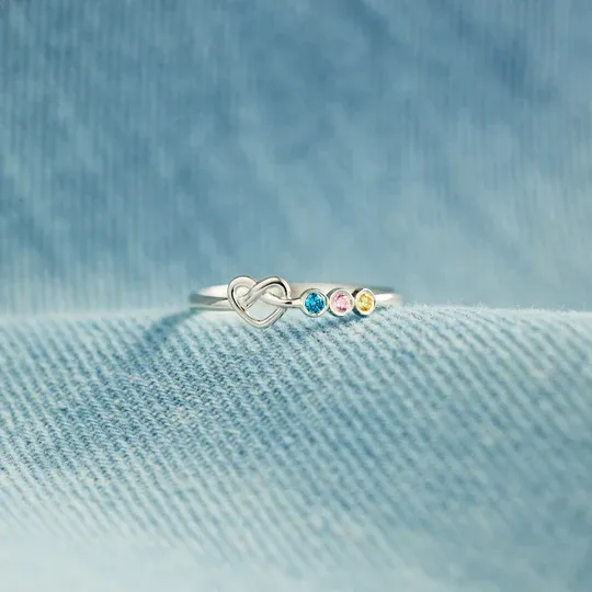 Family Ring Personalised 4 Birthstones Heart Knot Ring Band-Jessemade AU