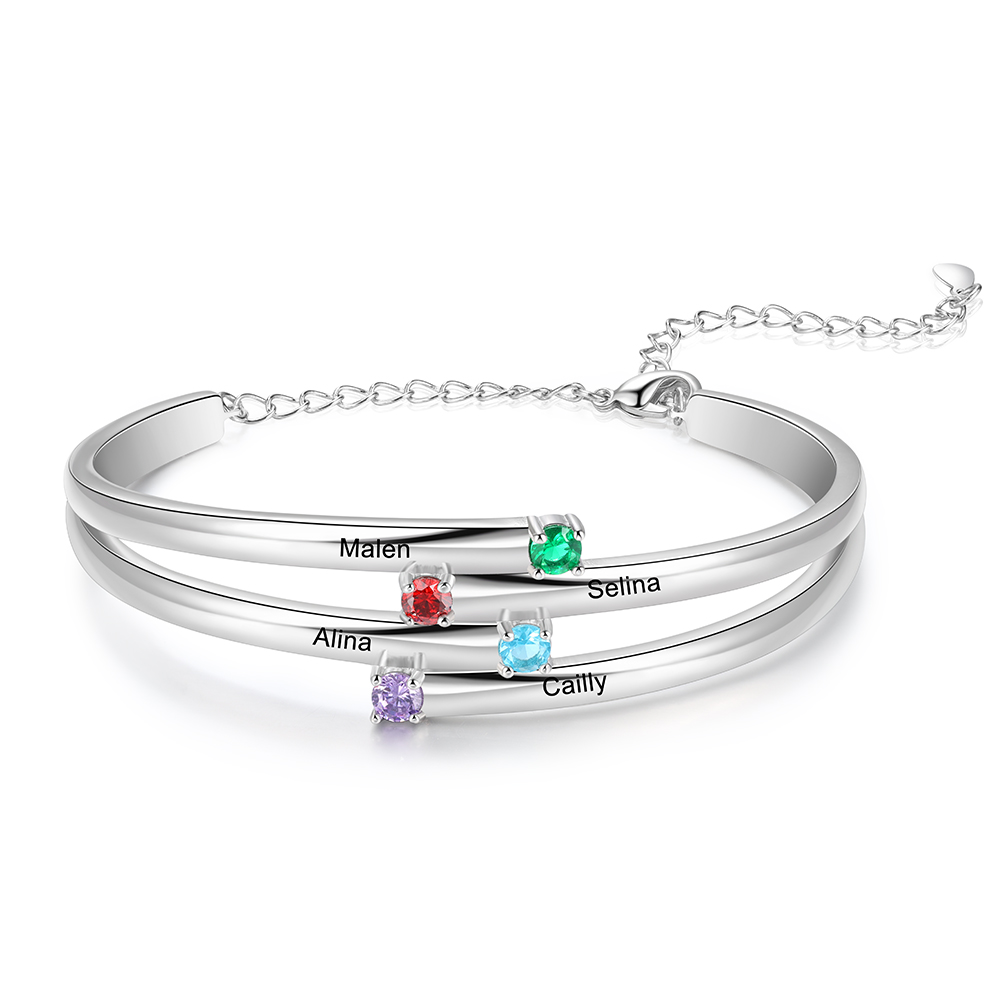 Personalised Bracelet With 4 Birthstones Engraved Names Bracelet Gift For Women-Jessemade AU