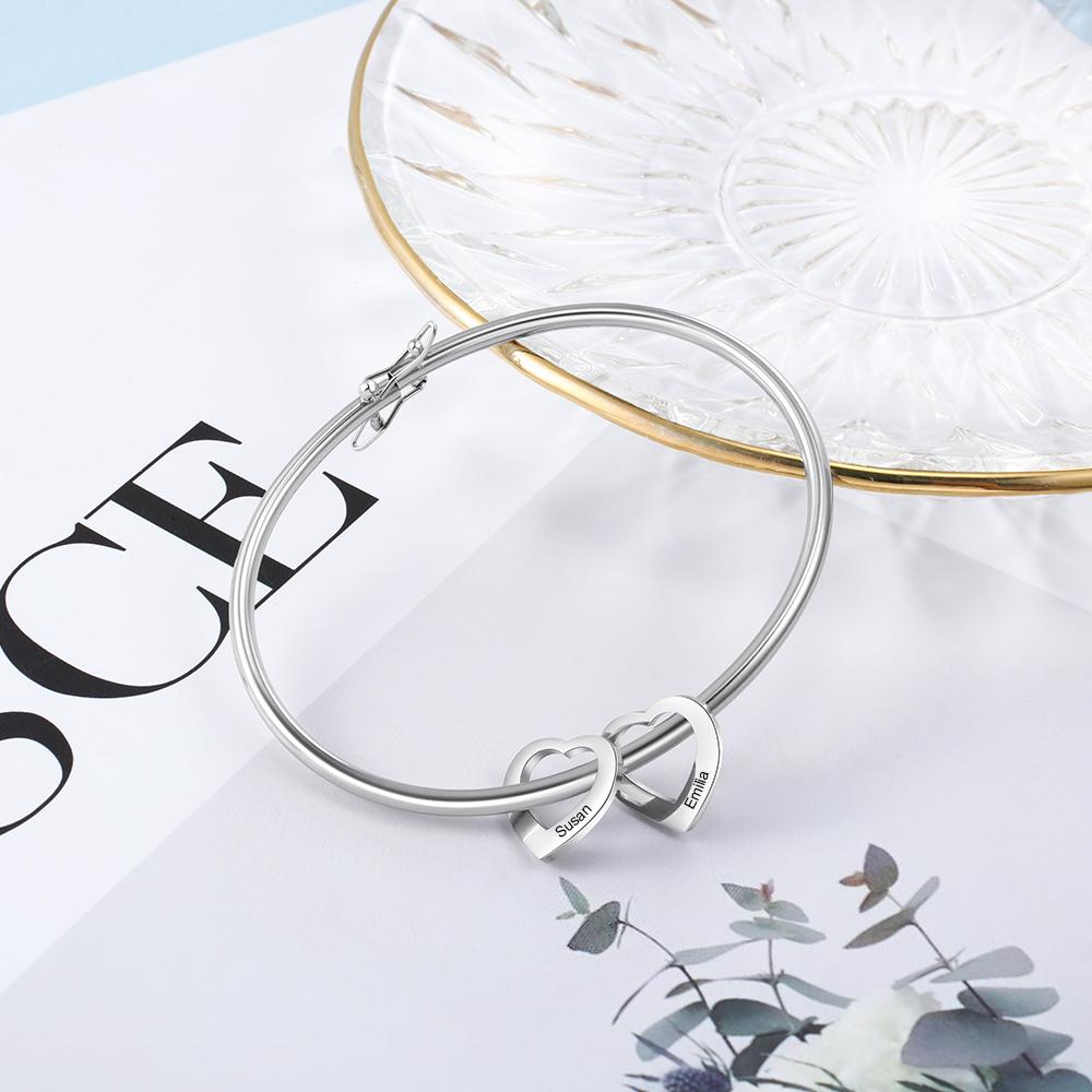 Love Bracelet with 2 Heart Pendant Engraved Bangle Bracelet Gift for Mother-Jessemade AU