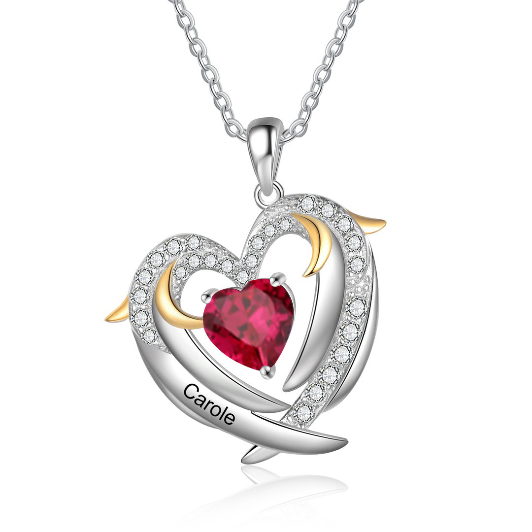 Personalised Heart Wings Necklace With 1 Birthstone Custom Names Necklace Gift For Her-Jessemade AU