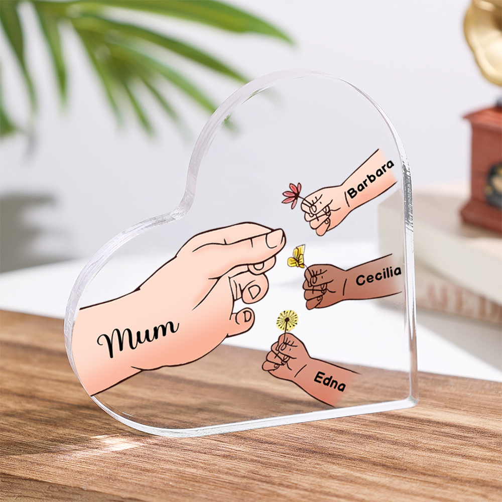 Personalised Text Acrylic Heart Keepsake Custom 1–8 Names & Flowers Ornament Handing Flowers Gifts For Mother/Grandma-Jessemade AU