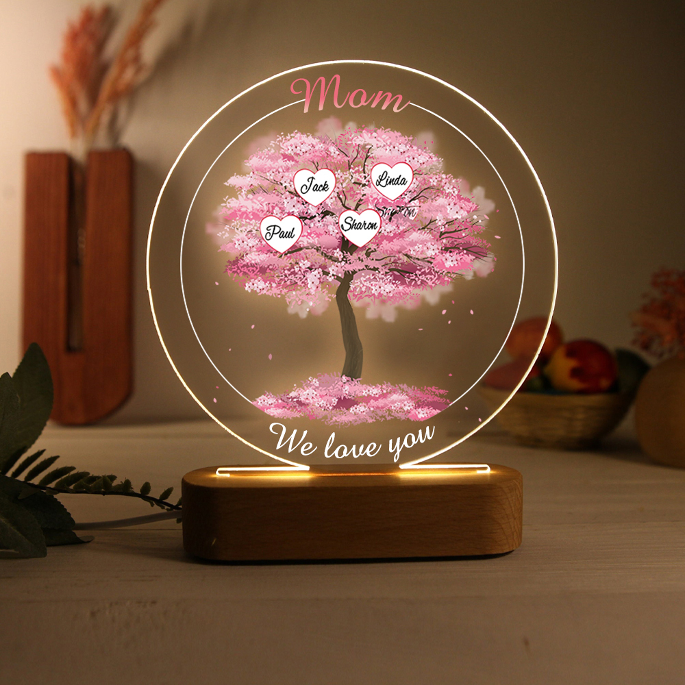 4 Names - Personalised Acrylic Night Light Custom 2 Texts Pink Family Tree LED Lamp Gifts for Mother/Grandma-Jessemade AU
