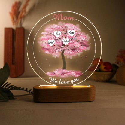 4 Names - Personalised Acrylic Night Light Custom 2 Texts Pink Family Tree LED Lamp Gifts for Mother/Grandma-Jessemade AU