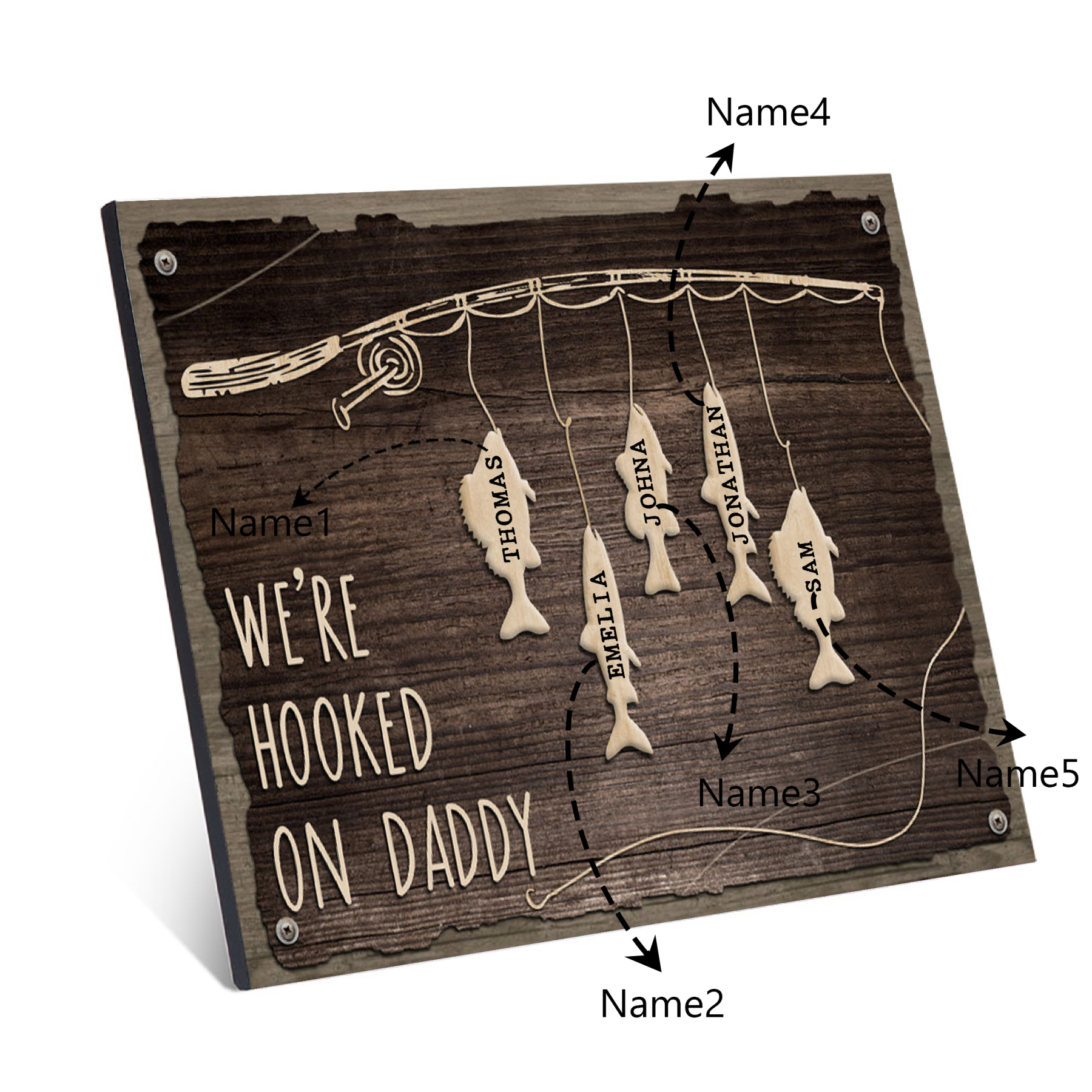 Father's Day Gifts Wood Signs Engrave 5 Names Frame Keepsake -We've Hooked On Daddy-Jessemade AU