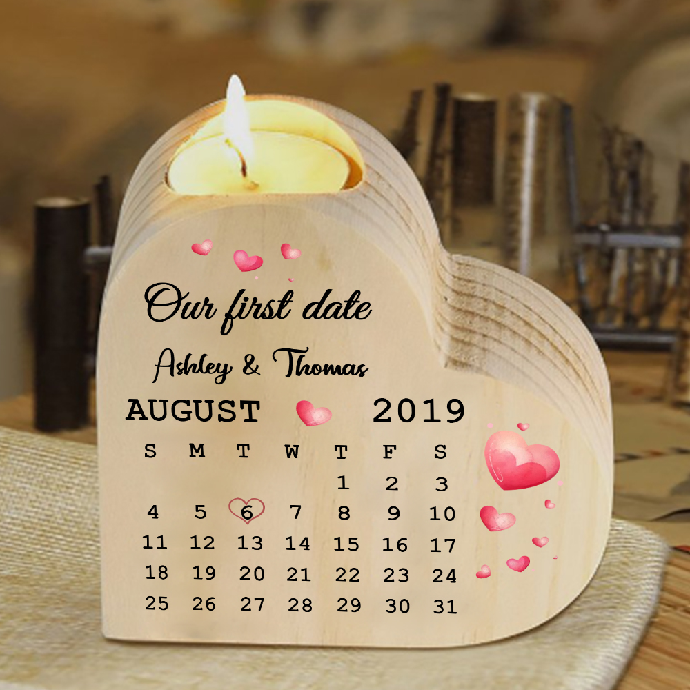 Wooden Couple Candle Holder Custom 2 Names & Date & Text Candlesticks Calendar Valentine's Day Gifts for Wife/Girlfriend-Jessemade AU