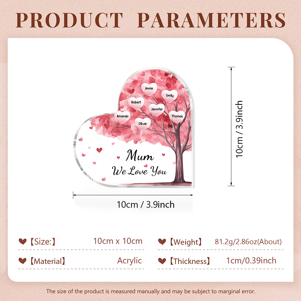 7 Names - Personalised Acrylic Heart Keepsake Custom Text Pink Tree Ornaments Gifts for Grandma/Mother-Jessemade AU