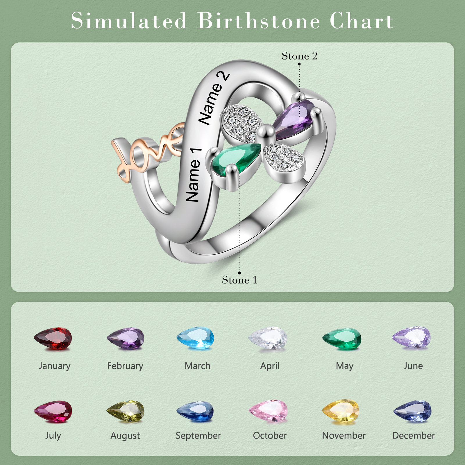 Personalised Butterfly Ring Custom 2 Birthstones Love Ring Gifts For Her-Jessemade AU
