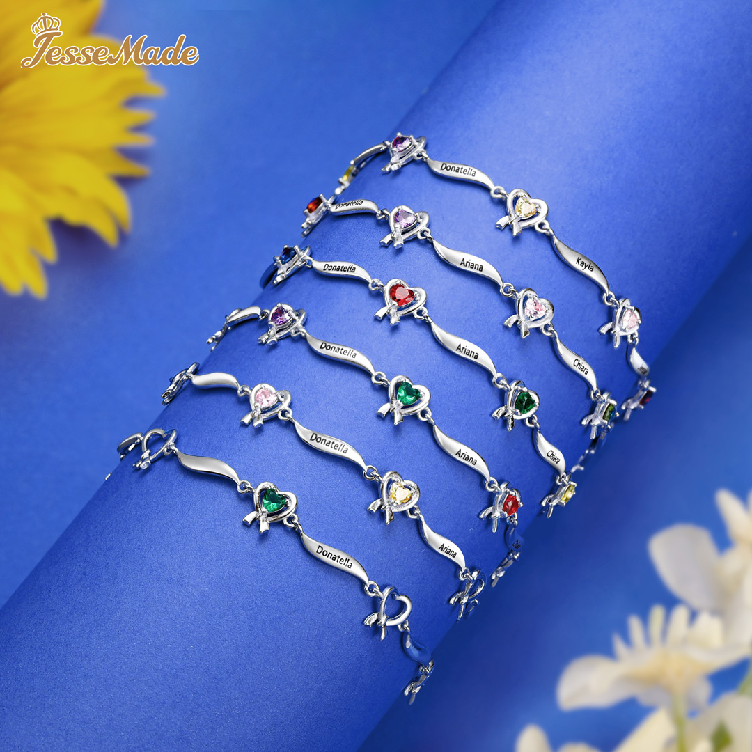 Personalised Heart Bracelet with 3 Birthstones Engraved Names Bracelet Gifts For Her