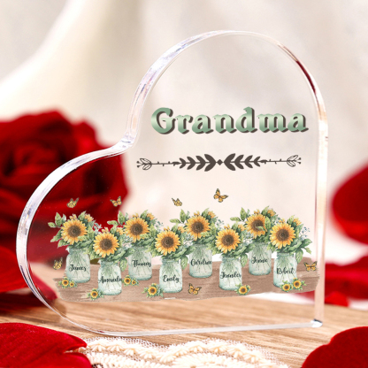 Personalised Acrylic Heart Keepsake Custom 8 Names & 1 Text Sunflower Vase Ornament Gifts for Mother/Grandma-Jessemade AU