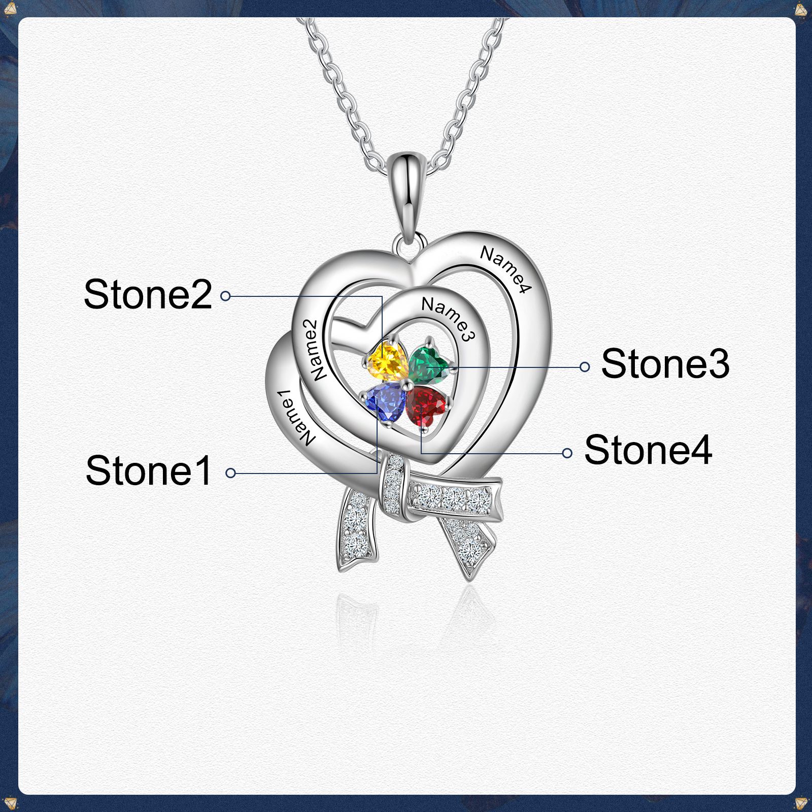 Personalised Heart Necklace With 4 Birthstones Custom Names Best Gift For Women-Jessemade AU