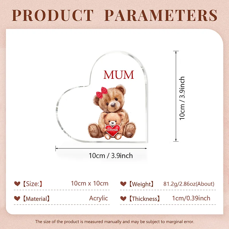 1 Name - Personalised Acrylic Heart Keepsake Custom Text Teddy Bear Ornaments Gifts for Grandma/Mother-Jessemade AU