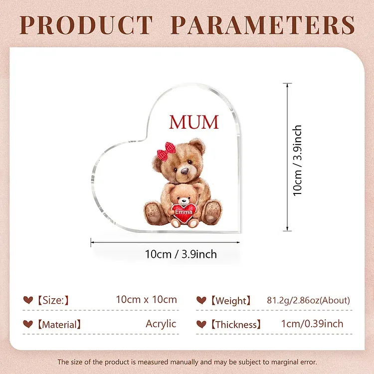 1 Name - Personalised Acrylic Heart Keepsake Custom Text Teddy Bear Ornaments Gifts for Grandma/Mother-Jessemade AU