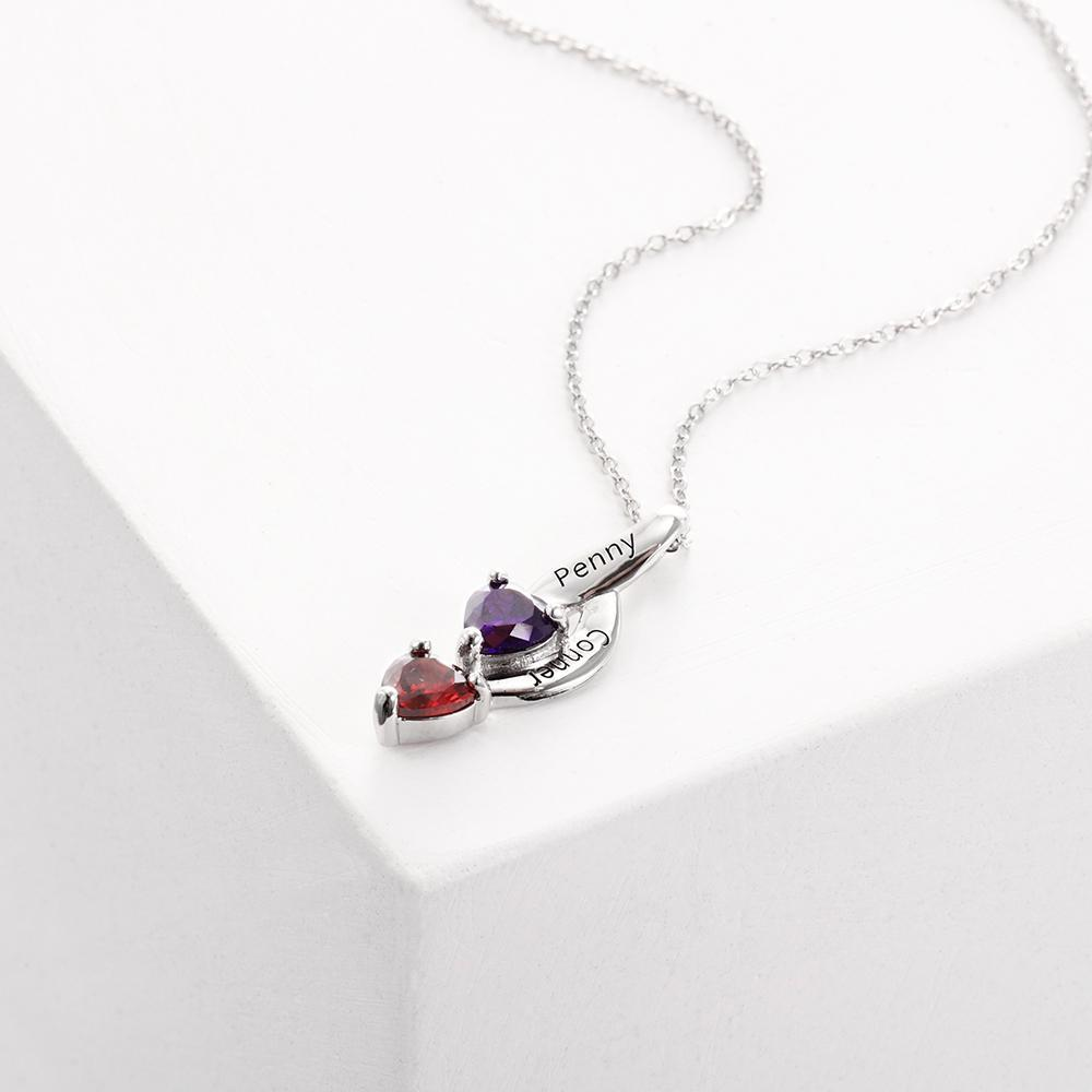 Personalised Necklace With 2 Heart Birthstones Engraved Names Gift For Women-Jessemade AU