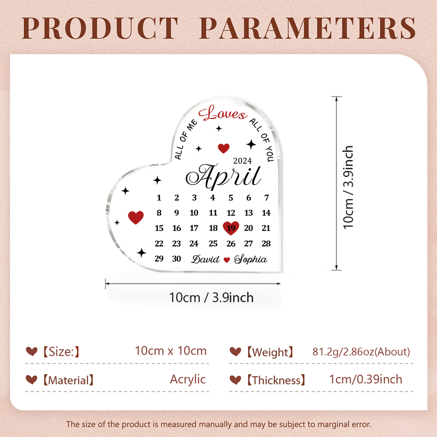 Couple Acrylic Heart Keepsake Custom 2 Names & Date Calendar Ornament Valentine's Day Gift -  All Of Me Loves All Of You-Jessemade AU