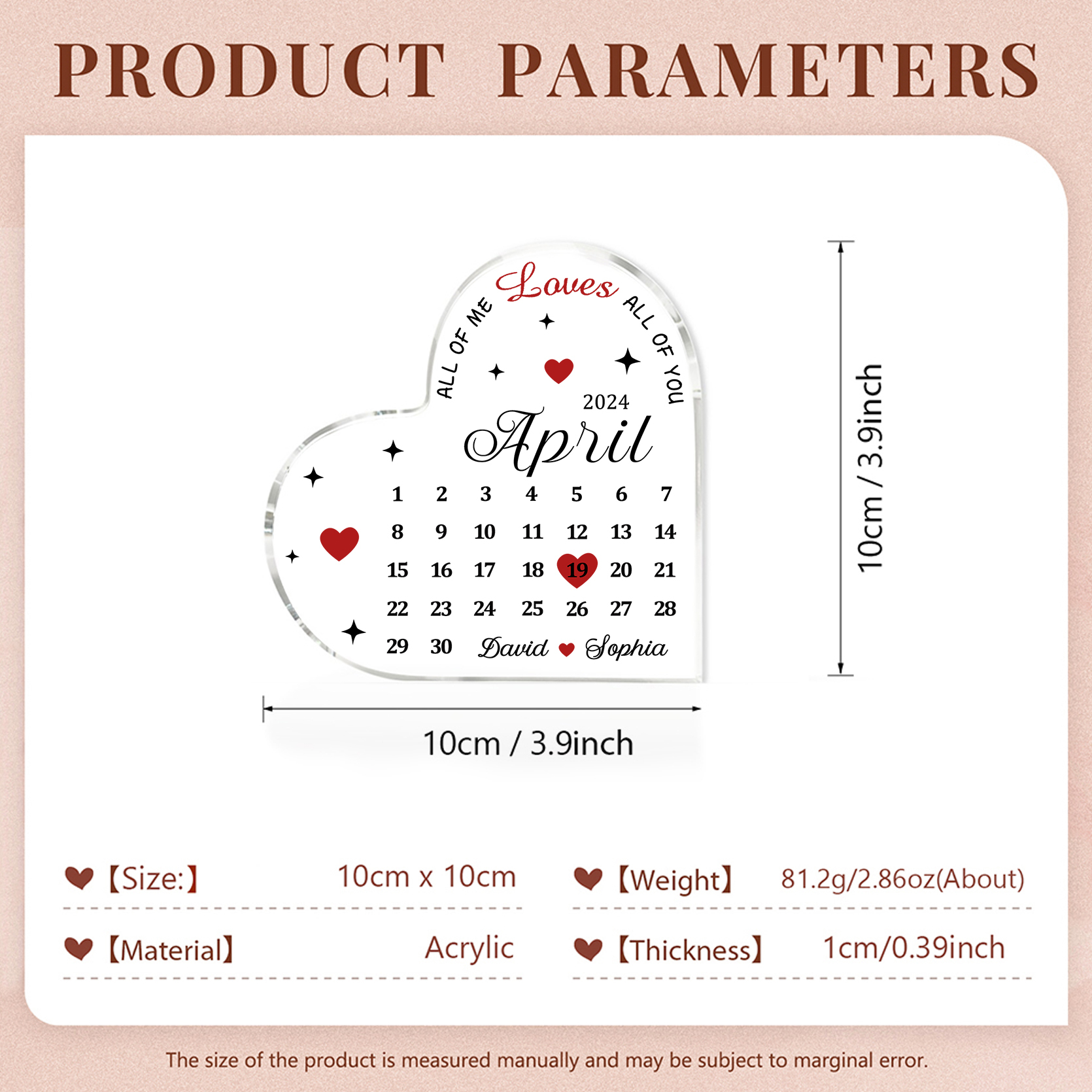 Couple Acrylic Heart Keepsake Custom 2 Names & Date Calendar Ornament Valentine's Day Gift -  All Of Me Loves All Of You-Jessemade AU