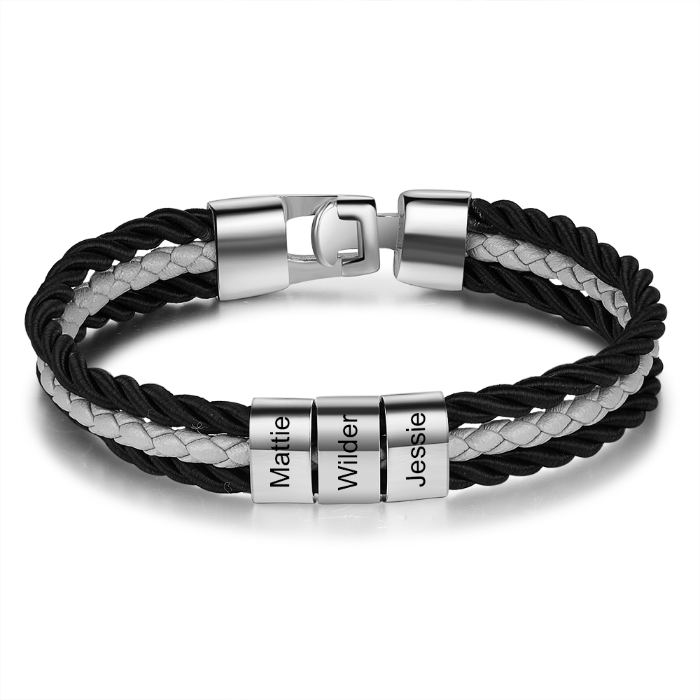 Mens Leather Bracelet Braided Layered Leather with 3 Beads Silver and Gold-Jessemade AU