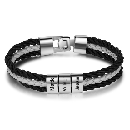 Mens Leather Bracelet Braided Layered Leather with 3 Beads Silver and Gold-Jessemade AU