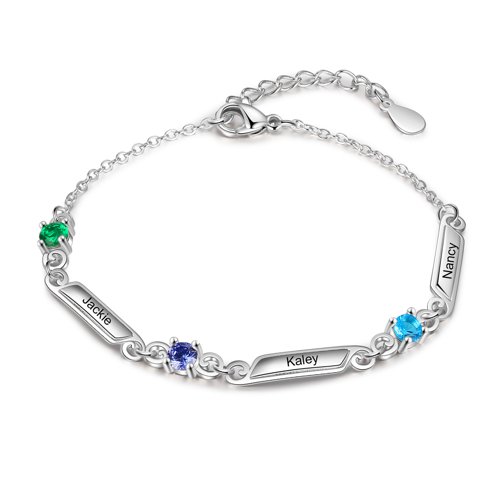 Personalised Family Name Bracelet With 3 Birthstones Engraved Names Gift For Her-Jessemade AU