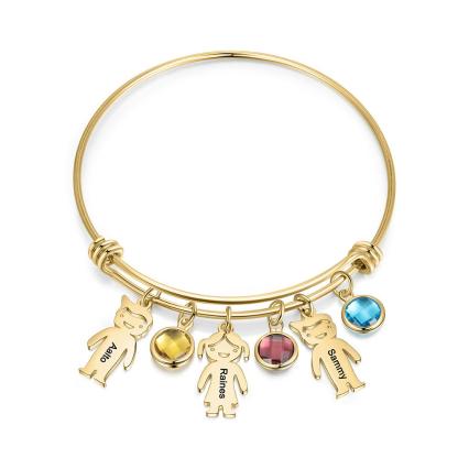 Women Bangle Bracelet with Kids Charms 3 Birthstones Engraved 3 Names Rose Box Set-Jessemade AU