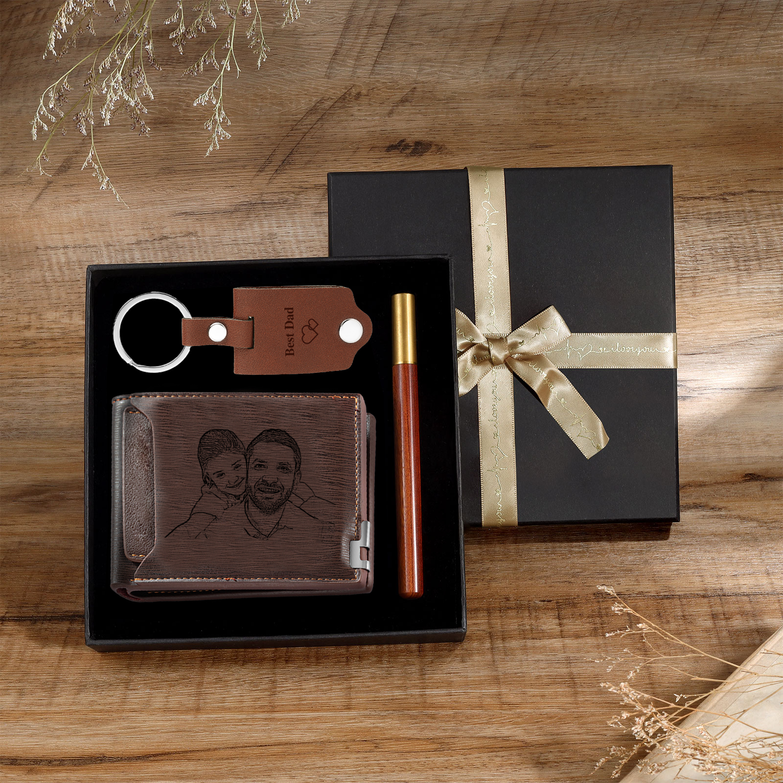 Personalised 3 Texts & 2 Photos Gift Set Custom Wallet & Keychain & Pen Gift Box Set Father’s Day Gift for Him-Jessemade AU