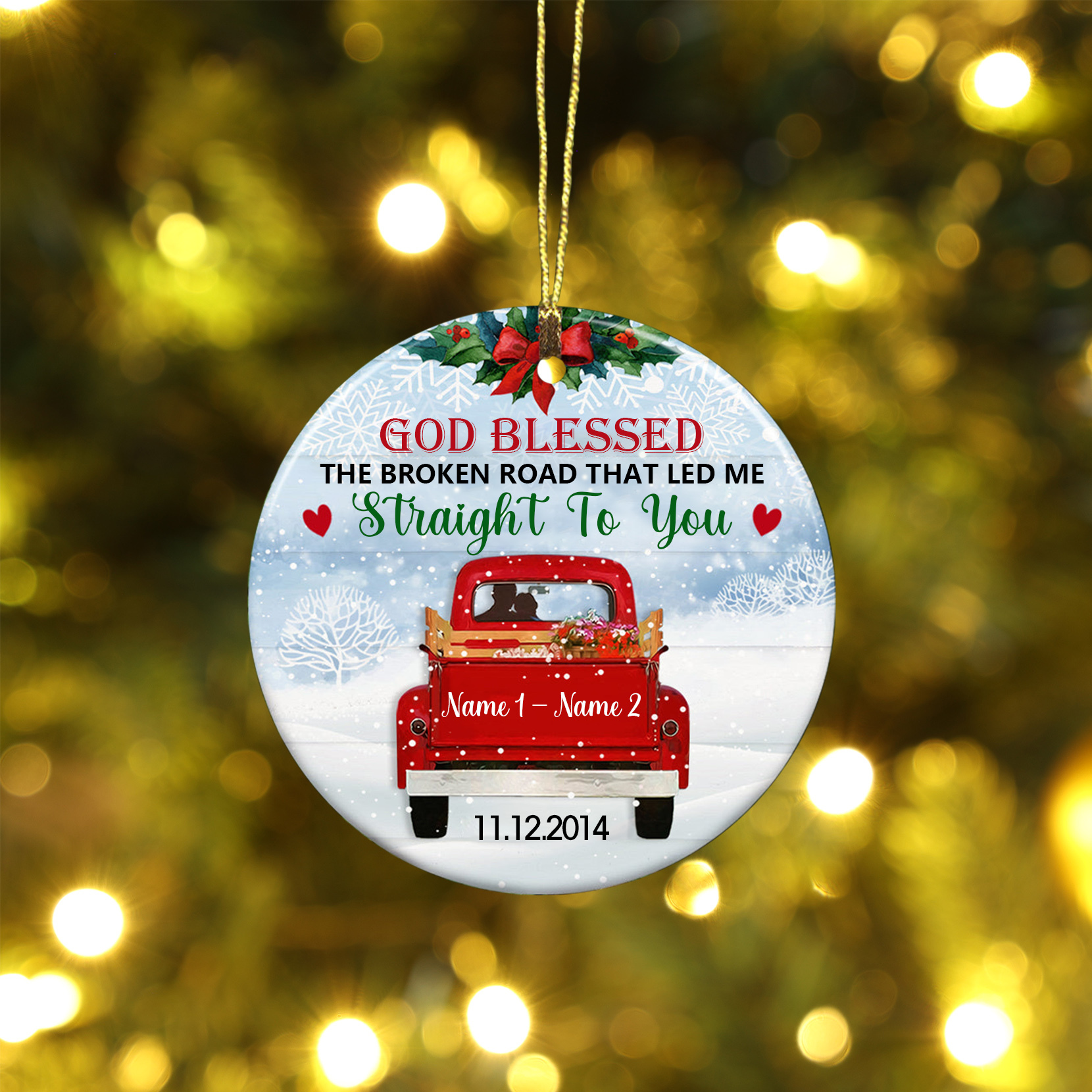 2 Names - Personalised Wooden Christmas Ornaments Customised Name & Date Couple Red Truck Christmas Circle Ornament-Jessemade AU