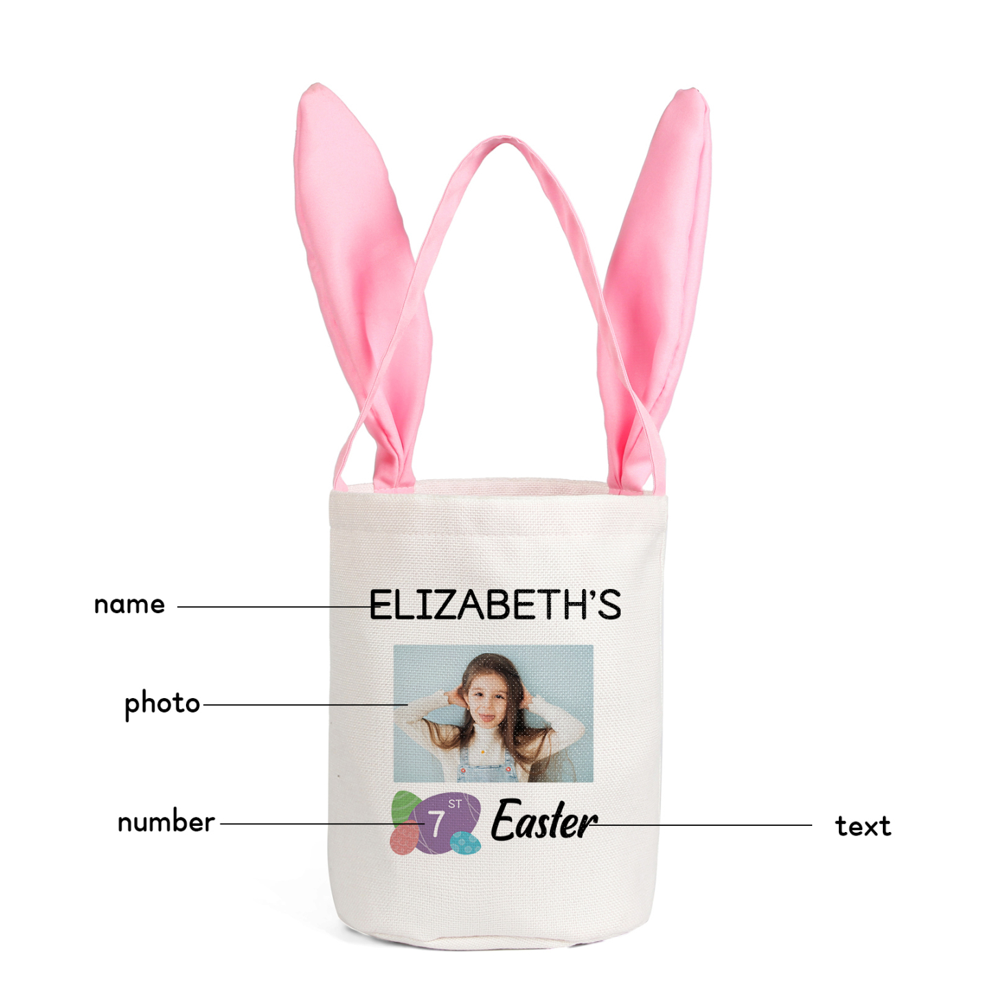 Personalised Photo Bunny Tote Bag Custom Name & Text & Number Bucket Bag Bunny Basket Easter Gifts-Jessemade AU