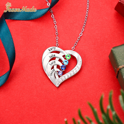 Personalised Mother Necklace 4 Stones Engraved 4 Names Birthstone Family Heart Pendant Gifts for Her-Jessemade AU