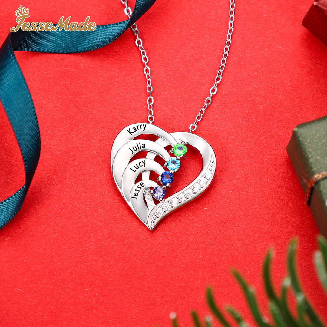 Personalised Mother Necklace 2 Stones Engraved 2 Names Birthstone Intertwined Heart Pendant Gifts for Her-Jessemade AU