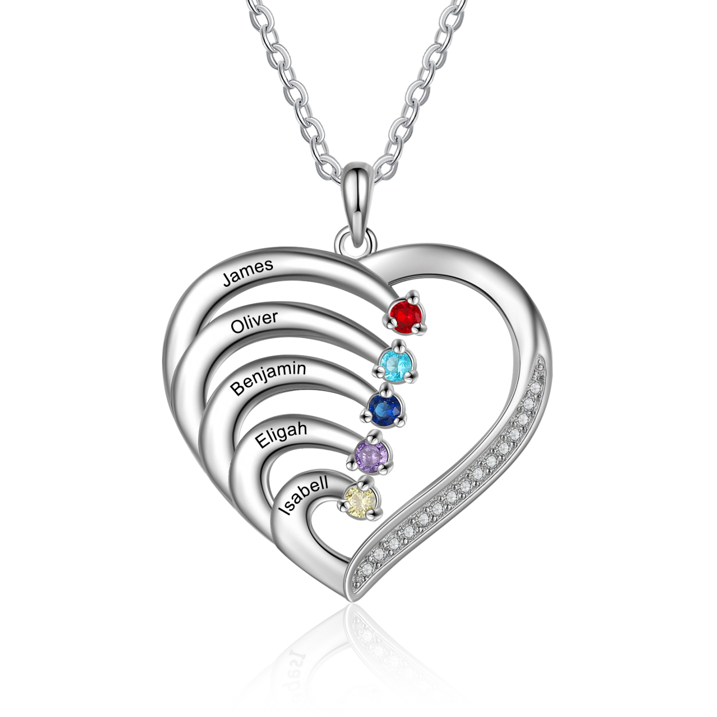 Personalised Mother Necklace 5 Stones Engraved 5 Names Birthstone Intertwined Heart Pendant Gifts for Her-Jessemade AU