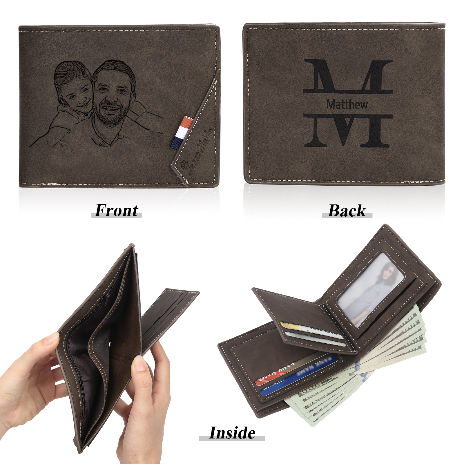 Personalised 2 Texts & 2 Photos & 1 Name & 1 Letter Gift Set Custom Wallet & Keychain & Pen Gift Box Set Gift for Father/Grandpa-Jessemade AU