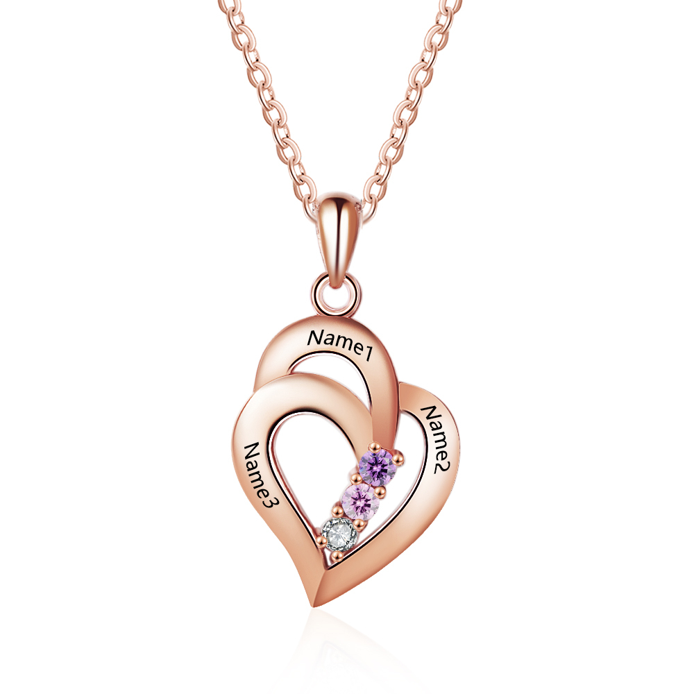 Personalised Heart Necklace With 3 Birthstones Engraved Names Gift For Her-Jessemade AU