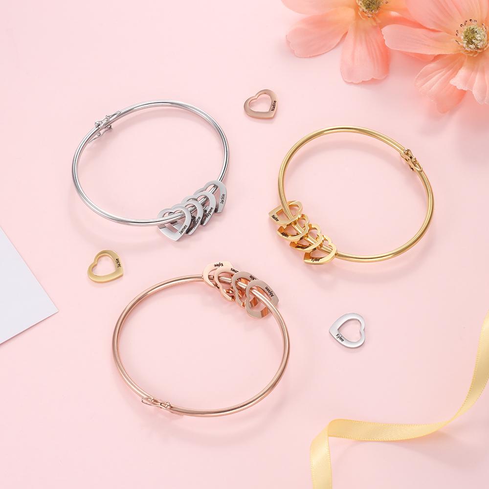 Women Bangle Bracelet with 3 Heart Pendant Engraved 3 Names Love Bracelet-Jessemade AU