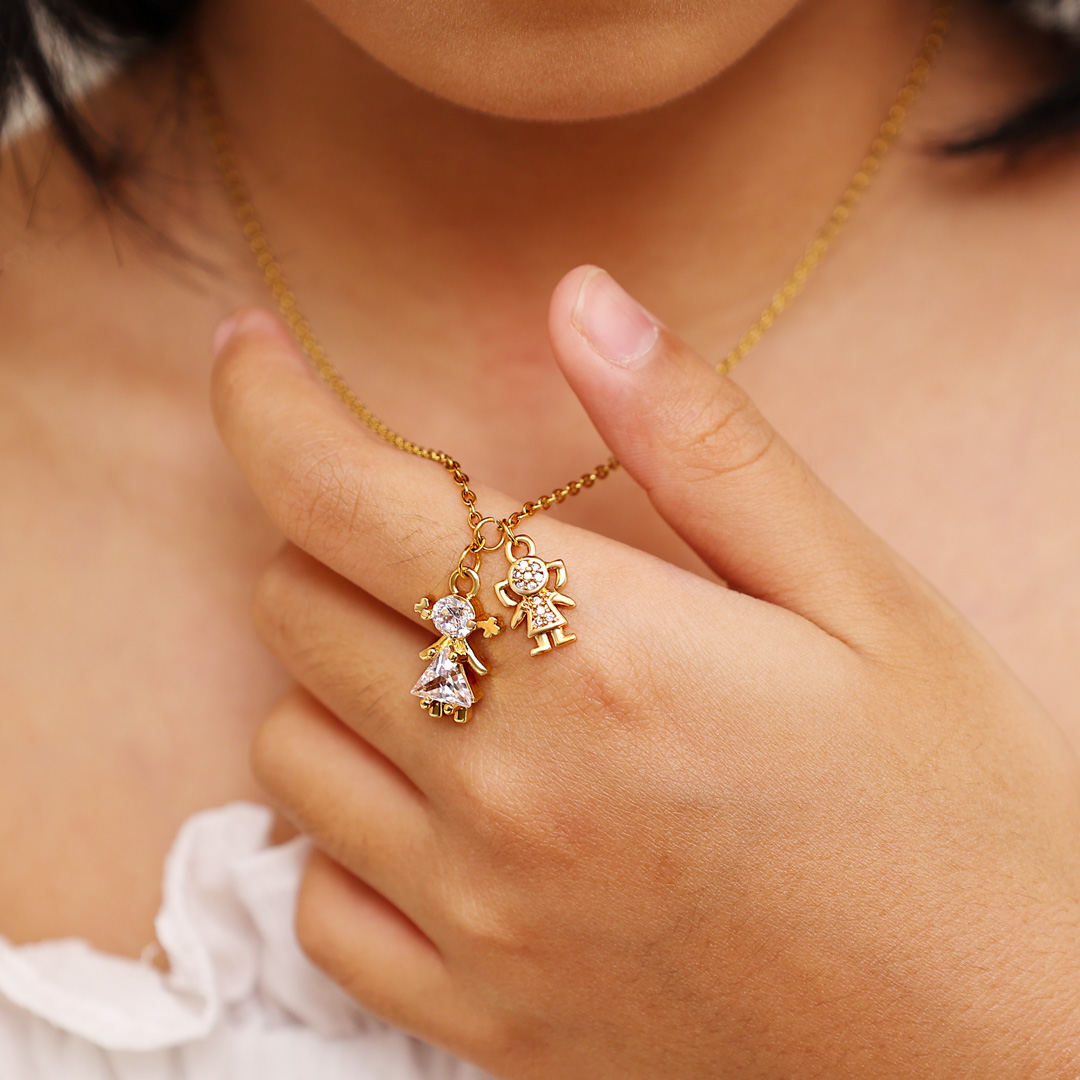 Gold Necklace with Two Adorable Doll Zircon Charms for Kids-Jessemade AU