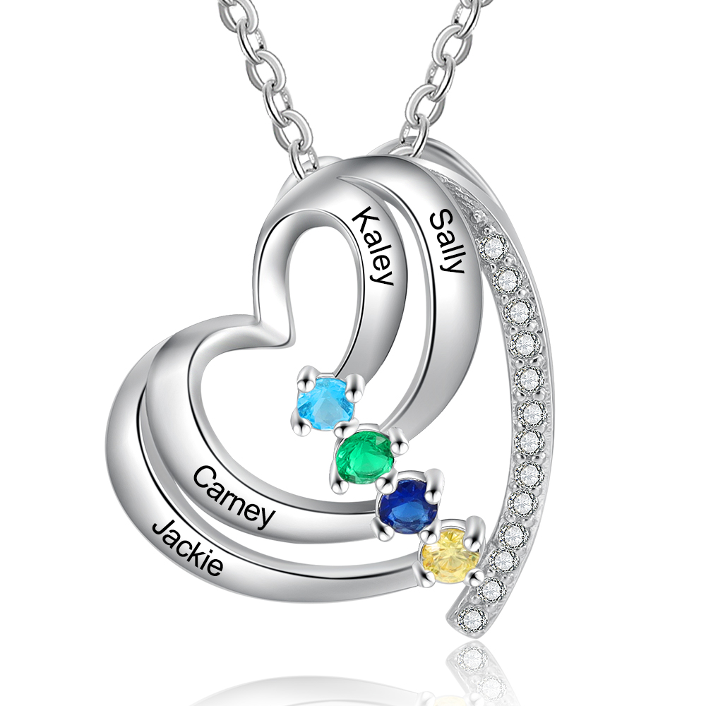 Personalised Family Heart Necklace With 4 Birthstones Engraved Names Gift For Her-Jessemade AU