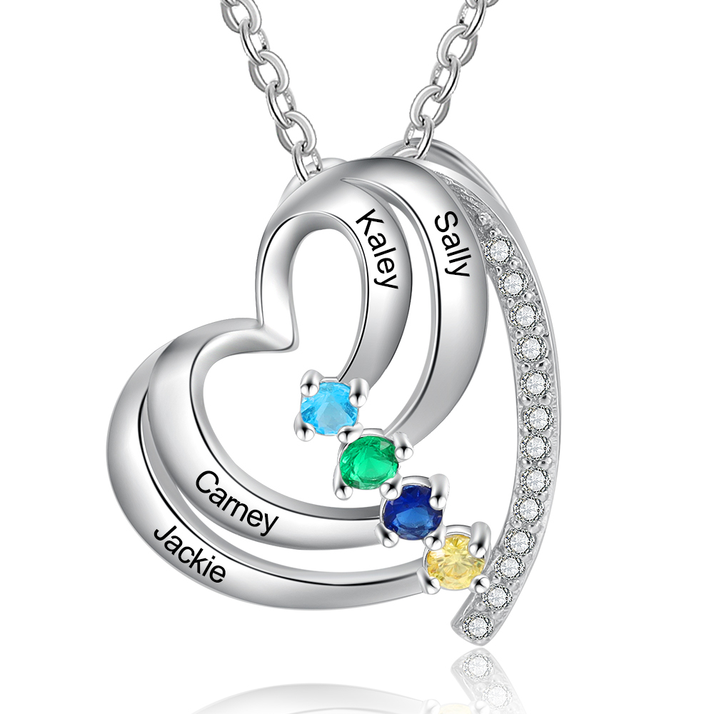 Personalised Family Heart Necklace With 4 Birthstones Engraved Names Gift For Her-Jessemade AU