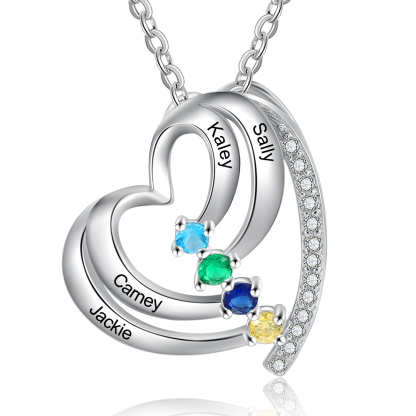 Personalised Family Heart Necklace With 4 Birthstones Engraved Names Gift For Her-Jessemade AU