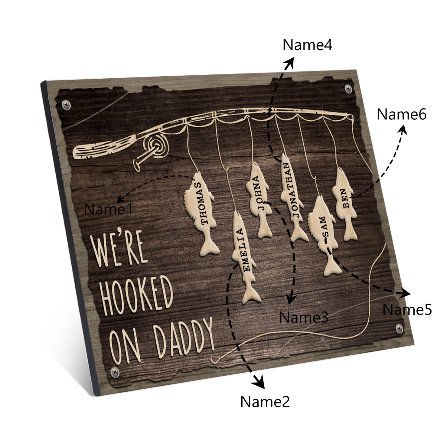 Father's Day Gifts Wood Signs Engrave 6 Names Frame Keepsake -We've Hooked On Daddy-Jessemade AU